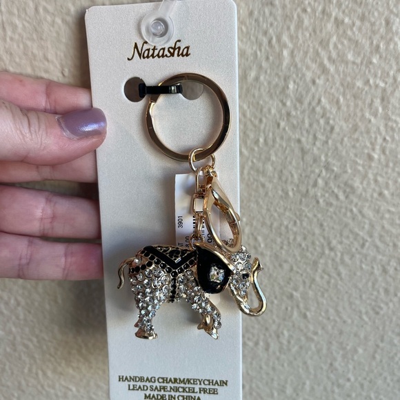 natasha Accessories - Natasha Gold and Black Elephant Keychain Bag Charm
